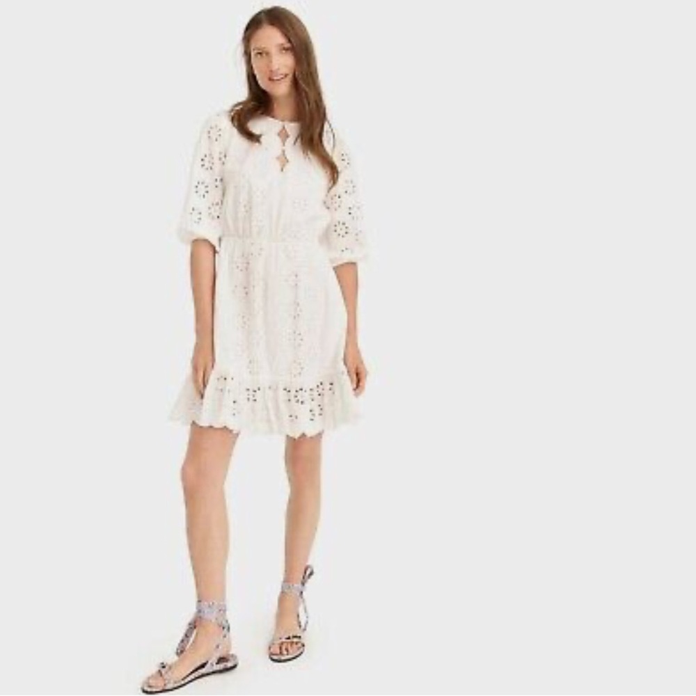 Jcrew white tie waist scalloped eyelet dress size small